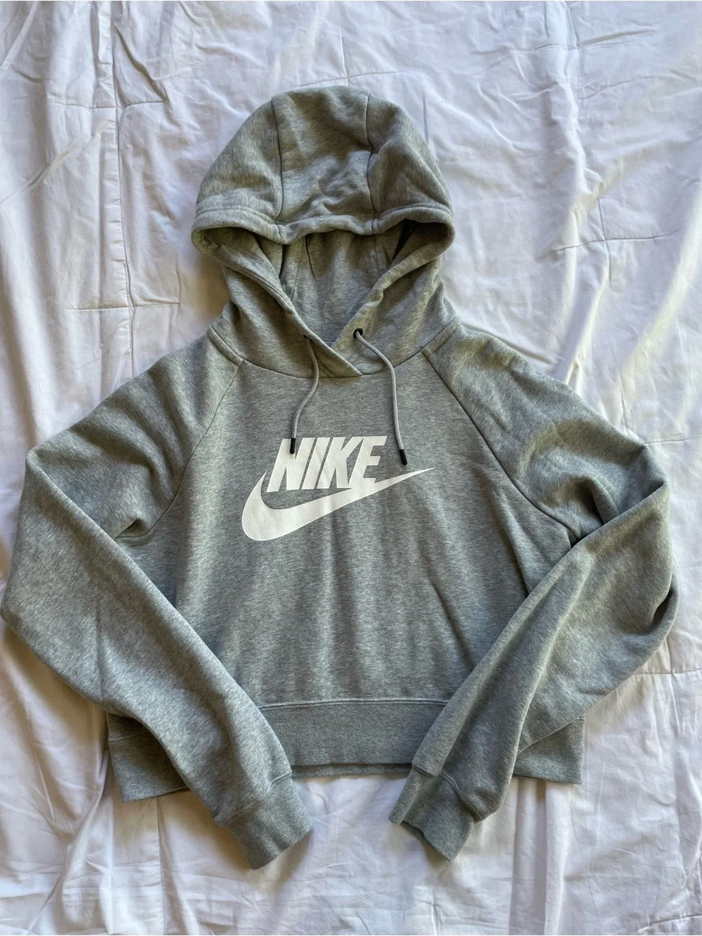 Nike Grey Cropped Pullover Hoodie with White Swoosh Size Medium